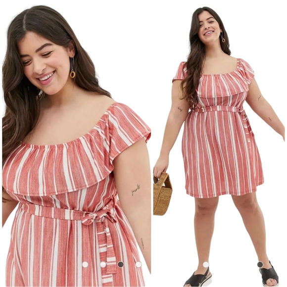 ASOS Design Curve Off-The-Shoulder Pique Stripe Sundress size US 18 (NO BELT!) - Picture 1 of 13